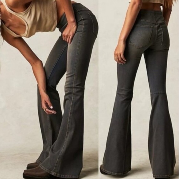 Free People Penny Pull On Flare Jeans Washed Black Size 26 Hippie 70s - Picture 1 of 9